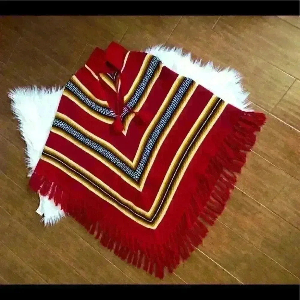 VTG 60s 70s acrylic knit chevron red poncho yellow white black with fringe